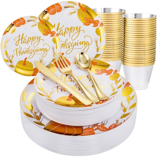 KIRE 150PCS Thanksgiving Plates Dinnerware Pumpkins - Plastic Thanksgiving Plates with Gold Silverware Include 25 for Dinner 25 for Salad 25Forks 25Knives 25Spoons 25Gold Cups - color: Pumpkins
