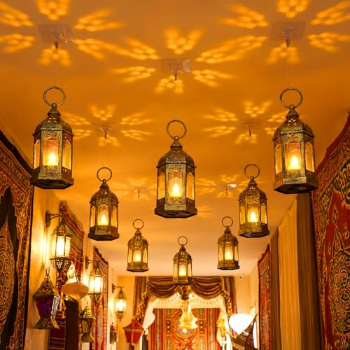 Huquary 6 Pcs Ramadan Lantern Hallway Ceiling Decorations 5 Eid Mubarak LED Lamp Vintage Muslim Islamic Flameless Lantern Hanging Ramadan Lamp Night Light for Kareem Party Favors Eid Home Decor
