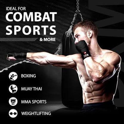 DXM SPORTS Boxing Hand Wraps Inner Gloves - 180 Inch Elasticated Thumb Loop Bandages - Kickboxing MMA Muay Thai Kickboxing Martial Arts Punching Training for Men Women - color: Black