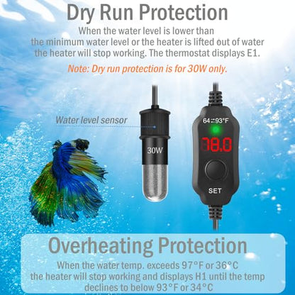 20W Mini Aquarium Heater for 2-4 Gallon Tanks | Submersible Fish Tank Heater with Digital Thermostat, Dry-Run & Overheat Protection, Memory Function - size: For Aquariums ≤ 4 Gal