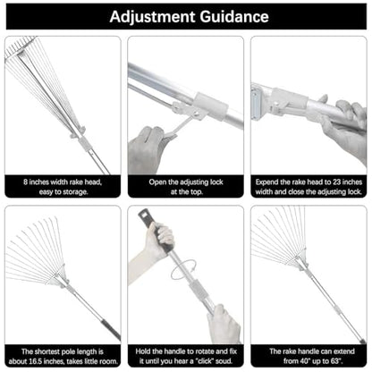 Buyplus Adjustable Garden Leaf Rake - 24 to 63 Inch Telescopic Metal Expandable Folding Leaves Rake, Metal Rakes for Leaves, Yard Rakes for Lawn Yard, Flowers Beds, Sliver - color: Sliver