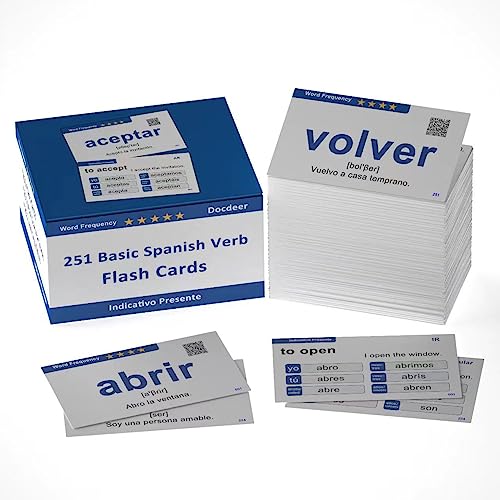 Docdeer 251 Spanish Verbs Learning Flash Cards for Beginners, Adults & Children - Spanish to English Flashcards, Medium, White