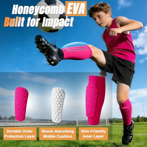 XZQTIVE Soccer Shin Guards Shin Defender for Kids Youth Adult, Ski Shin Guard Calf Compression Sleeve with Honeycomb Shin Pads - color: hot pink, size: X-Small