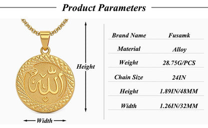 Fashion Plated 18K Gold Allah Pendant Round Necklace,22" Box Chain