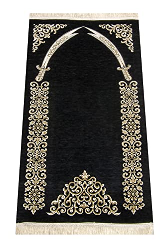 ihvan online Lux Muslim Prayer Rug, Janamaz, Portable Sajadah, Soft Prayer Rug, Praying Carpet Mat, Islamic Gifts for Ramadan Eid, Chenille Fabric, Black - color: Black /Model 8