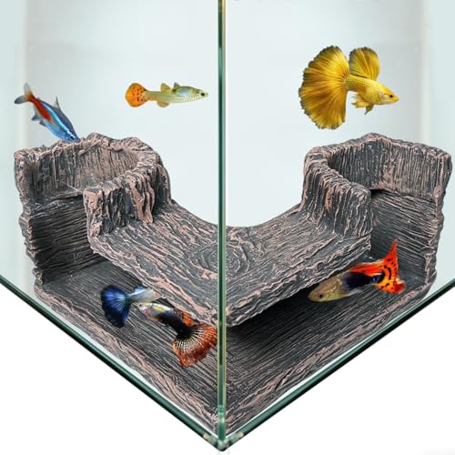 Fish Tank Decorations, 5.1" x 2" x 2.7" Resin Tree Bark Dual-Hole Aquarium Cave, Perfect Hiding Spot for Guppies, Neon Tetra, Cherry Shrimp