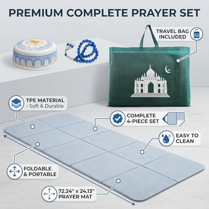Foldable Muslim Prayer Mat Set with Travel Bag, TPE Islamic Prayer Rug, Tasbih Prayer Beads & Prayer Hat, Portable Prayer Carpet for Men Women, Travel, Ramadan, Eid Gifts