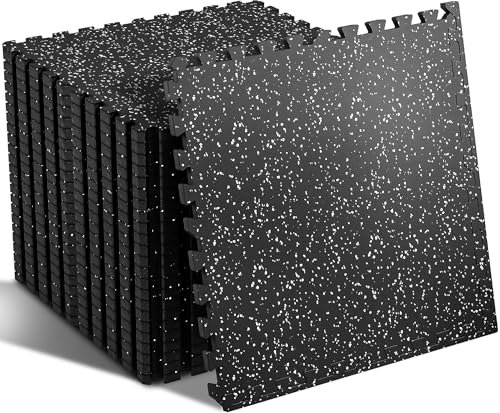 SUPERJARE 0.56'' Thick 12 Pcs 48 Sq Ft Rubber Top Exercise Equipment Mats, High Density EVA Foam Mats with Rubber Top, Interlocking Gym Flooring for Home Gym, Protective Workout Mat, Black/Grey - size: 12 Tiles (48 Sq Ft)
