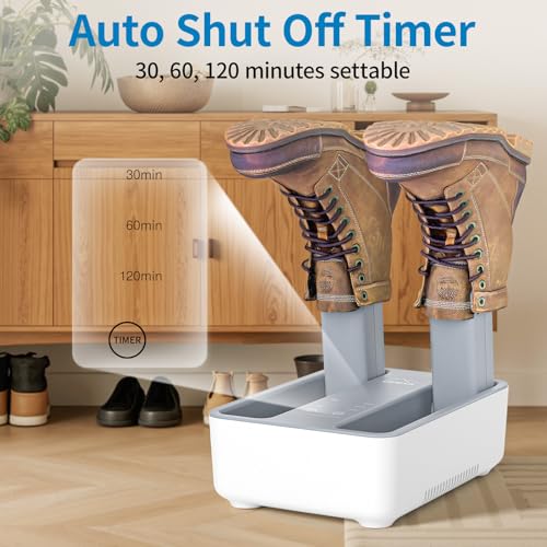 Boot Dryer and Deodorizer for Work Boots, Sneakers and Gloves, Portable Shoe Dryer with Retractable Hoses, Timer, and Heat Control