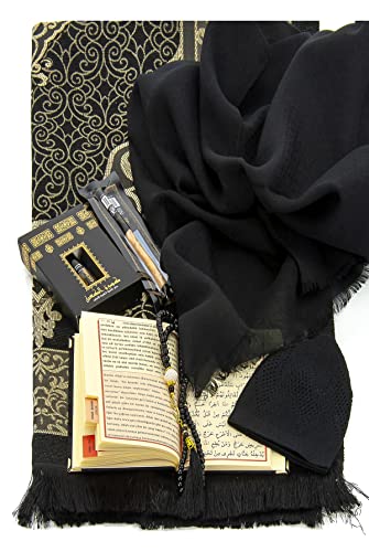 ihvan online Hajj와 Umrah, 무슬림 기도 러그, 이슬람 매트, 비즈 테스비, 야센 북, 미스왁, 이슬람 쿠피 모자, 라마단 및 이드 선물용 이슬람 디럭스 세트, 블랙/세트 3 - color: 블랙 / 세트 3