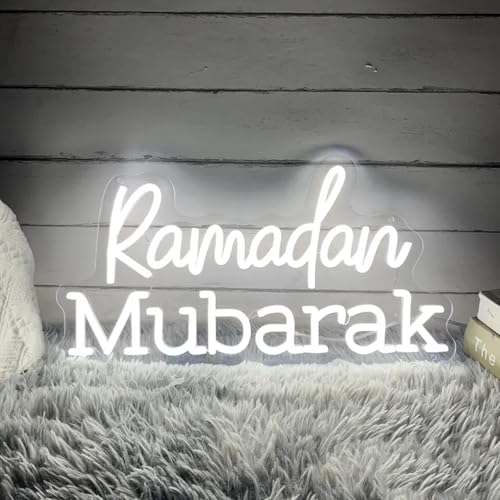 Ramadan Mubarak Neon Sign 18inches LED Eid Mubarak Ramadan Kareem Banner Neon White Light Up Signs Wall Decor for Bedroom Festival Yard Party Ramadan Gift - color: White, size: 18X9in