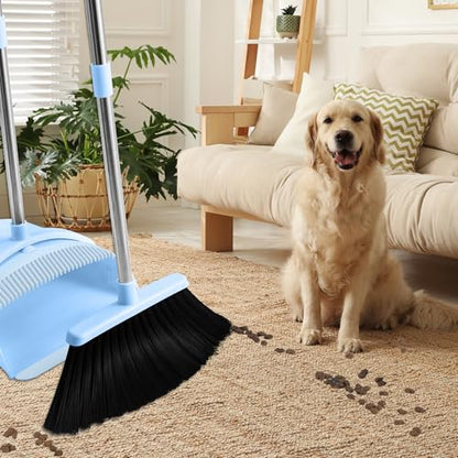 BSKLIN Broom and Dustpan Set for Home, 52" Long Handle Broom Set with Dustpan Teeth to Clean Hair Sweeping Indoor and Outdoor (Blue) - size: Small-Blue