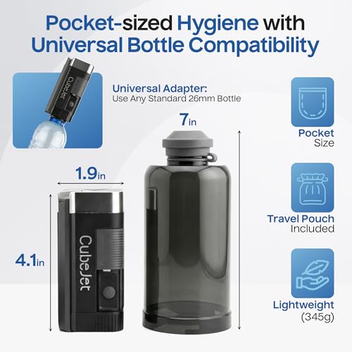BIDET BUDDY® CubeJet 여행용 휴대용 비데 - 380ml 병, 1100mAh 충전식 배터리, IPX6 방수 지팡이 스타일 노즐, 캠핑 및 가정용 USB-C 고압 위생 장치