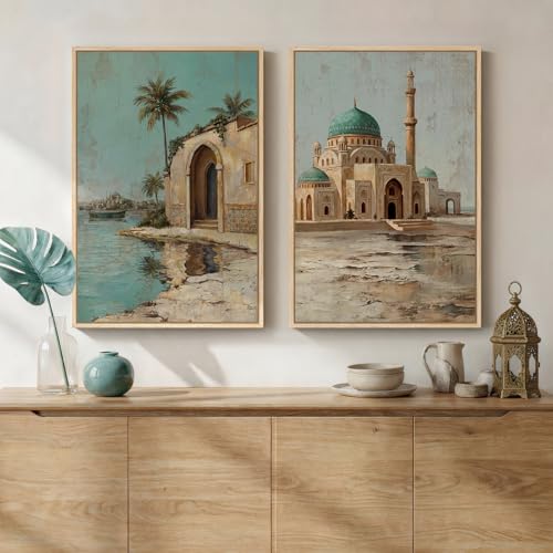 Framed Vintage Islamic Mosque Landscape Canvas Wall Art, Set of 2 - color: Neutral-A