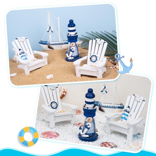 JQAQJU 4" Wooden Beach Chair Lighthouse Sailboat, 4pcs Mini Nautical Home Decoration & Beach Ocean Ornament for Summer Bathroom Bedroom Kitchen