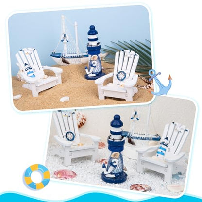 JQAQJU 4" Wooden Beach Chair Lighthouse Sailboat, 4pcs Mini Nautical Home Decoration & Beach Ocean Ornament for Summer Bathroom Bedroom Kitchen