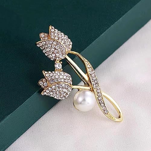 Crystal Pearl Flower Brooches Pins Fashion Beautiful Created Rhinestone Floral Brooch Good Idea for Party Dance Wedding Banquet for Elegant Women Girl - color: Gold Tulip