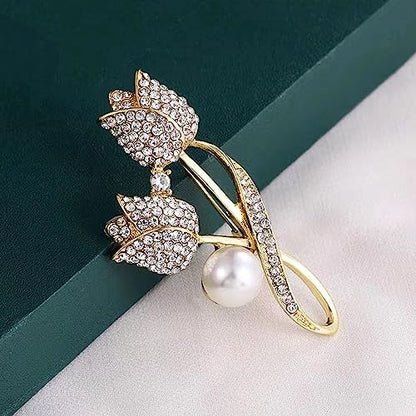 Crystal Pearl Flower Brooches Pins Fashion Beautiful Created Rhinestone Floral Brooch Good Idea for Party Dance Wedding Banquet for Elegant Women Girl - color: Gold Tulip