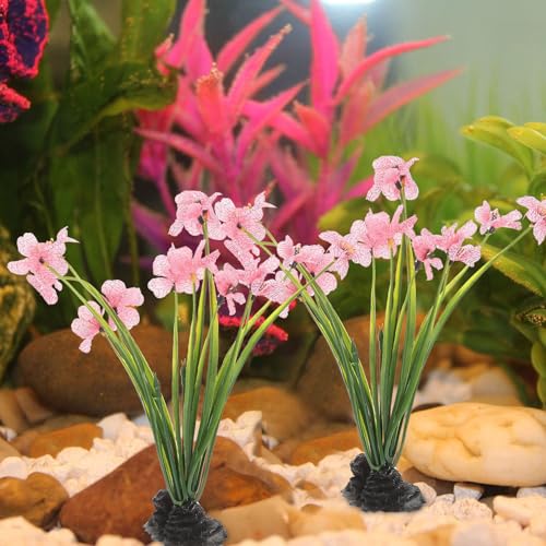 UPKOCH Pink Artificial Aquarium Plants with Black Bases, 2 Pack | Fish Tank Plant Decor, Floral Accents for Aquarium Layouts, Themed Tanks and Decorative Displays