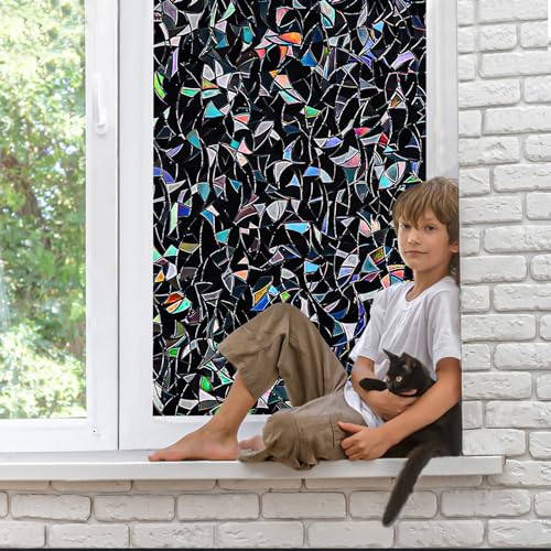 QHY Sunshine Total Blackout Window Film Privacy， Frosted Glass Window Film，Black Window Tint， No Glue， Detachable, no Marks, Suitable for Repeated use (Black Rainbow, 23.6 in X 157.4 in) - color: Black Rainbow, size: 23.6 in X 157.4 in