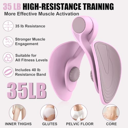 Pelvic Floor Exercise Device with 35 lb Resistance, Kegel and Inner Thigh Muscle Trainer, Home Workout Equipment for Postpartum Recovery, Women & Men, with Band - color: Pink