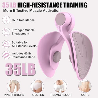 Pelvic Floor Exercise Device with 35 lb Resistance, Kegel and Inner Thigh Muscle Trainer, Home Workout Equipment for Postpartum Recovery, Women & Men, with Band - color: Pink