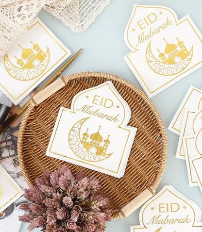 Eid Mubarak Napkins - 50 PK - Bluk Ramadan Eid Mubarak Party Napkins Disposable Napkins Paper Napkins for Eid Mubarak Decorations White and Gold