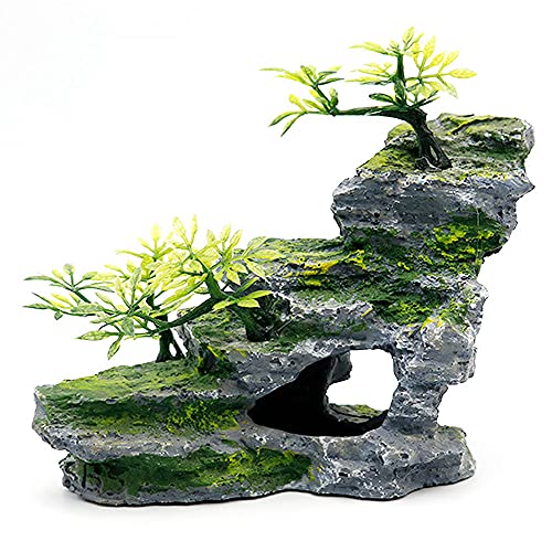 IBWell Aquarium Ornament, Mountain View Stone with Moss Tree Rock Cave Landscape Artificial Fish Tank Decoration