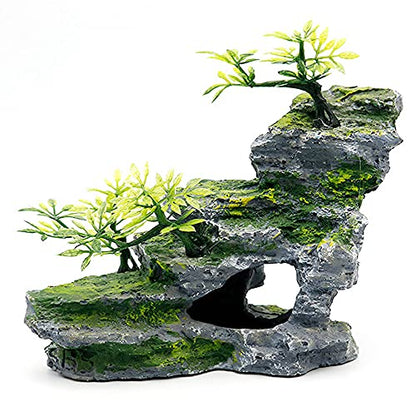 IBWell Aquarium Ornament, Mountain View Stone with Moss Tree Rock Cave Landscape Artificial Fish Tank Decoration
