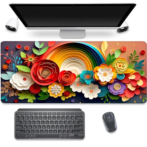 Rainbow Spring Flowers Desk Pad Mouse Pad,Floral Prints Extended Large Gaming Mouse Mat with Stitched Edges,Non-Slip Waterproof Rubber Base Mousepad for Office Work Home Desk Mat(27.5X11.8 in) - color: Rainbow Spring
