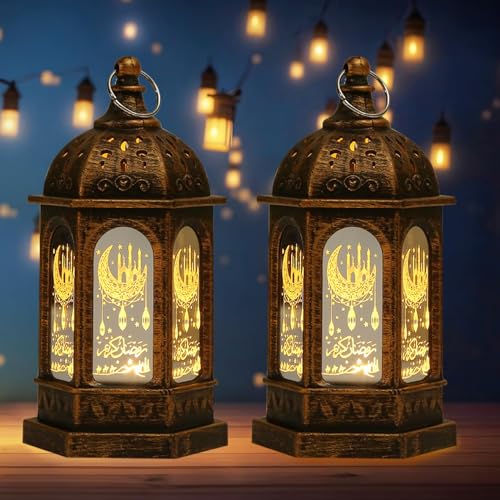 Hying 2 Pieces Eid Mubarak Lanterns Decoration 5.2" Height Hanging Lamp Ramadan Flameless Candle Lanterns with Transparent Glass Eid Mubarak Gifts Lamp for Home Tabletop Decor - color: Style 2: Gold-black Lantern