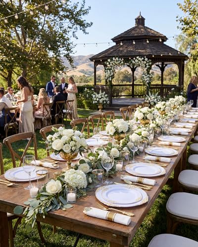 Nervure 350PCS Gold Plastic Dinnerware - White and Gold Disposable Plates for 50 Guests - 100 White Disposable Plates, 150 Plastic Silverware, 50 Cups, 50 Napkins for Wedding & Party & Graduation - color: Gold, style: 350Pcs(50Guests)