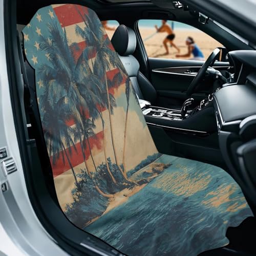 Coconut Tree Print Car Seat Towel Covers Front Seats American Flag Print Car Seat Hoodie Cover 60 x 33 Inch Absorbent Microfiber Towels for Gym Workout, Running, Swimming, Beach Hiking - color: Blue and Red - Coconut Tree American Flag