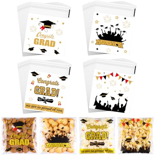 ZYLOP 100 Pcs Graduation Cookie Bags - 4" x 4" Self-Sealing Graduation Cellophane Treat Bags, Plastic Mini Goodie Bags for Candy, Small Gifts & Party Favors - Congrats Grad Party Decorations Supplies - color: Graduation 100pcs