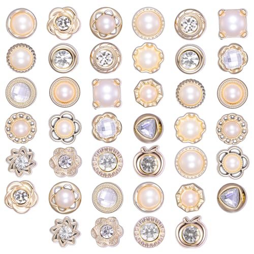 40Pcs No Sew Buttons, 4 Types Reusable Decorative Pins Rhinestone and Pearl Removable Safety Fancy Buttons for Clothing Shirt Dress Sweaters Coat Shawl, Gold