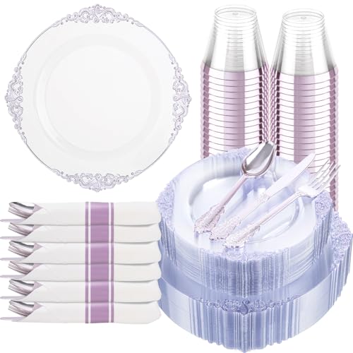 Hioasis 175pcs Clear and Purple Plates - Party Plates for 25 Guest, Include 50 Heavy-duty Plates(20% Thicker Than Standard), 25 Pre Rolled Plastic Silverware Set, 25 Cups for Graduation - color: Clear and Purple