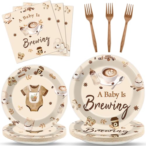 96 Pcs Coffee Baby Shower Party Plates Napkins Tableware Set A Baby Is Brewing Supplies In Bloom Disposable Dinnerware Coffee Themed Decoration Favors for Pregnancy Party, 24 Guests - style: Coffee Baby Shower