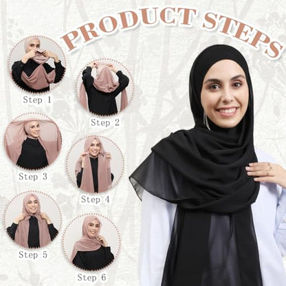 Women Instant Chiffon Hijab Set 3-in-1 Hijabs Scarf Muslim Soft Long Head Scarf with Built-in Magnets and Undercap - color: Black