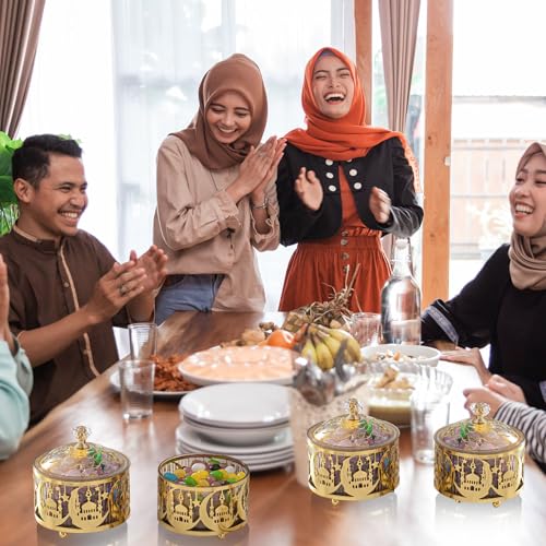 4 Pcs Ramadan Serving Trays with Lid Metal Gold Eid Mubarak Tray Decorations Ramadan Plate Food Storage Container for Serving Cookie Candy Pastry Dessert Eid Party(Retro) - style: Retro
