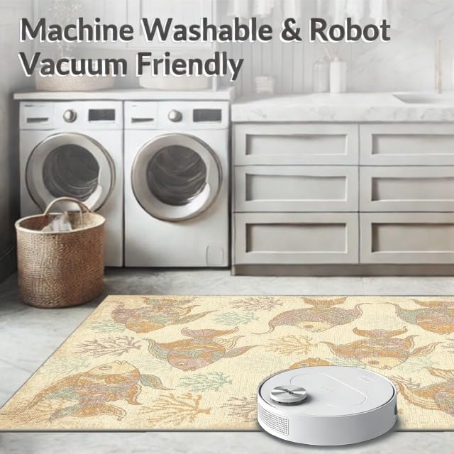 4'x6' Washable Beachy Fish Accent Rug, Teal Non-Shedding Small Carpet Pet Friendly & Non-Slip for Playroom, Bedroom, Reading Nook | Ref:1885581 - color: Beige/Pattern 44, size: 4' x 6' (Rectangular)