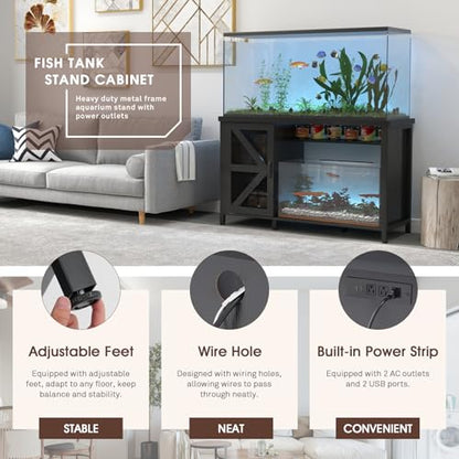 55-75 Gallon Aquarium Stand, Fish Tank Cabinet | Turtle Tank Stand, Power Outlets, LED Light, Adjustable Shelf, 52" x 19.7" Desktop, Heavy Duty Metal, 1100LBS Capacity, Black - color: Black