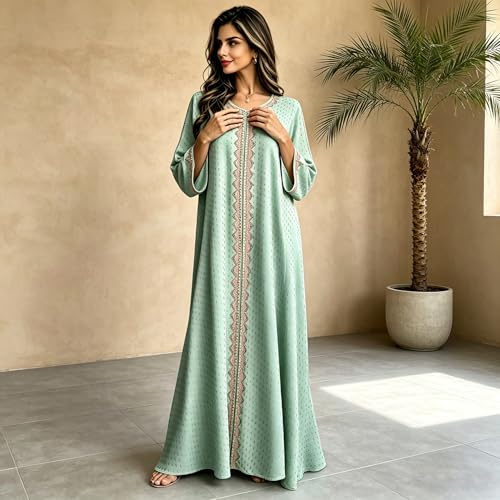 Women Muslim Abaya Dress V Neck Embroidered Kaftan Long Sleeve Loose Islamic Maxi Prayer Robe for Ramadan Eid - color: Green, size: Medium