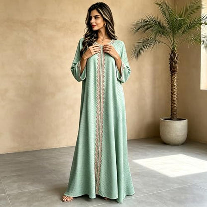 Women Muslim Abaya Dress V Neck Embroidered Kaftan Long Sleeve Loose Islamic Maxi Prayer Robe for Ramadan Eid - color: Green, size: Medium