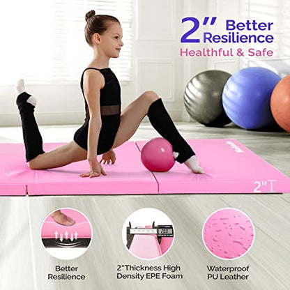 Matladin 6' Folding Tri-fold Gymnastics Gym Exercise Aerobics Mat, 6ft x 2ft x 2in PU Leather Tumbling Mats with Hook & Loop Fastener for Stretching Yoga Cheerleading Martial Arts - color: Pink-2 Pack