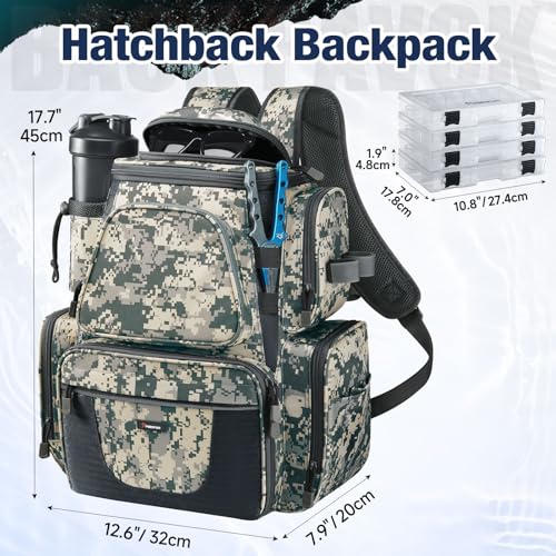 Piscifun Fishing Tackle Backpack with 2 Rod Holders, 4 Boxes & Rain Cover | Multi-pocket storage, fits 3600/3700 trays, bottle holder, padded straps for bank fishing - color: Digital Camouflage