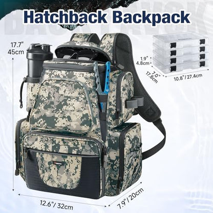 Piscifun Fishing Tackle Backpack with 2 Rod Holders, 4 Boxes & Rain Cover | Multi-pocket storage, fits 3600/3700 trays, bottle holder, padded straps for bank fishing - color: Digital Camouflage