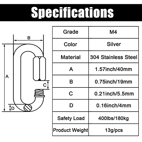 Anvin 12 Pack Quick Link M4 5/32 Inch Heavy Duty Carabiner D Shape Chain Links 400LB Capacity Repair Utility Links Safety Chain Connector for Camping Hiking Outdoor Equipment Locking Harness Dog Leash - style: Oval, 1.6 Inch,12 Pack