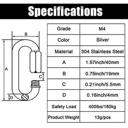 Anvin 12 Pack Quick Link M4 5/32 Inch Heavy Duty Carabiner D Shape Chain Links 400LB Capacity Repair Utility Links Safety Chain Connector for Camping Hiking Outdoor Equipment Locking Harness Dog Leash - style: Oval, 1.6 Inch,12 Pack