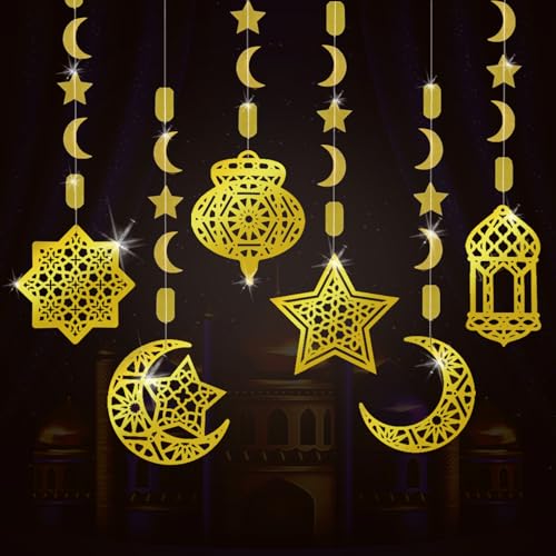 AhfuLife Eid Mubarak Hanging Decorations for Home, 12 Pcs Pre-Tied Hanging Golden Ramadan Star Moon Lantern Decor, Reusable Islamic Eid Streamer Decorations for Festival Party - color: 12 Pcs
