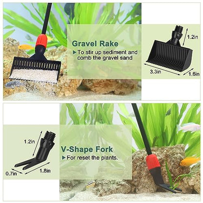 hygger Multi-Use Fish Tank Cleaner, 6 in 1 Aquarium Cleaning Tools Kit with 17.7 Inches Long Handle Algae Scraper Sponge Scrubber Firm Scrub Brush Fish Net Gravel Rake for Acrylic & Glass Tank - size: S(17.7in Long Handle)